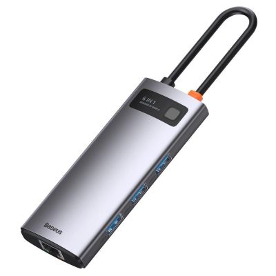 4. HUB Baseus Metal Gleam 6w1 USB-C - USB-C PD 100W 1x HDMI 4K 30Hz 3x USB-A 3.2 1x RJ45 - szary