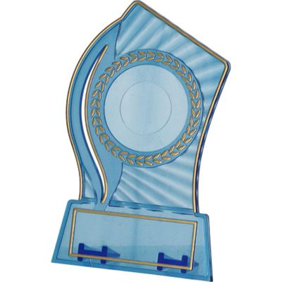 8. Trofeum plastikowe - przezroczysto - złote z miejscem na wklejkę 25/40mm i tabliczkę 56mmX18mm T-M