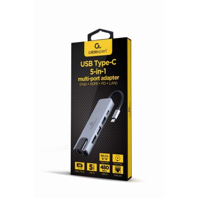 5. GEMBIRD MULTI ADAPTER USB TYP-C 5W1 (HUB + HDMI + PD + CZYTNIK KART + LAN) SREBRNY
