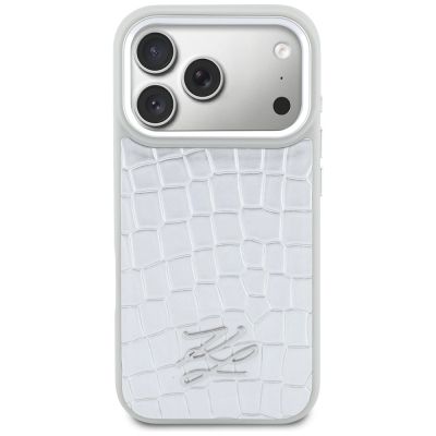 3. Etui Karl Lagerfeld Croco KL Script Logo MagSafe na iPhone 17 Pro Max - srebrne