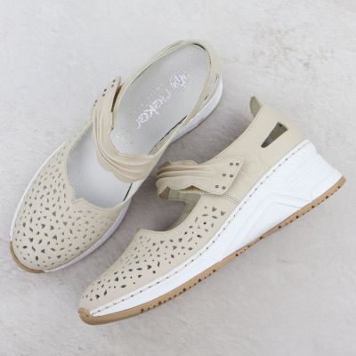 4. Skórzane półbuty ażurowe na rzep beżowe Rieker N4382-60