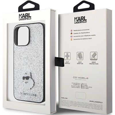 8. Etui Karl Lagerfeld Fixed Glitter Choupette Logo Metal Pin do iPhone 15 Pro Max - srebrne