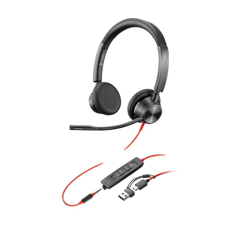 90. HP Poly Zestaw słuchawkowy stereo Poly Blackwire 3325 USB-C z certyfikatem Microsoft Teams + wtyczka 3,5 mm + przejściówka USB-C/A