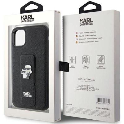 8. Etui Karl Lagerfeld Gripstand Saffiano Karl&Choupette Pins na iPhone 11 / Xr - czarne