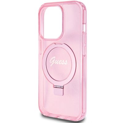 6. Etui Guess Ring Stand Script Glitter MagSafe na iPhone 15 Pro Max - różowe