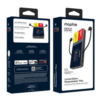 5. Powerbank Mophie Powerstation Plus 10K Red Bull Racing - powerbank 10000mAh, zintegrowany kabel USB-C oraz lightning (1x port USB-C)