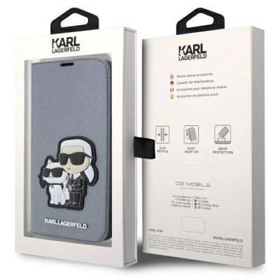 7. Etui Karl Lagerfeld Saffiano Karl&Choupette na iPhone 14 Pro - srebrne