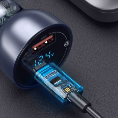 17. Baseus ładowarka samochodowa USB / USB Typ C 65 W 5 A SCP Quick Charge 4.0+ Power Delivery 3.0 ekran LCD szary (CCKX-C0G)