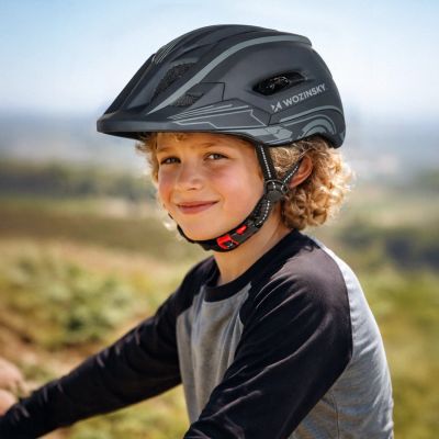 12. Kask rowerowy fullface dziecięcy Wozinsky z tylną lampką USB 52-56 cm - szary