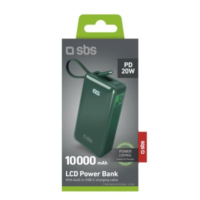 2. Powerbank SBS 10000 mAh 20W z wbudowanym kablem USB-C i wyświetlaczem cyfrowym - zielony