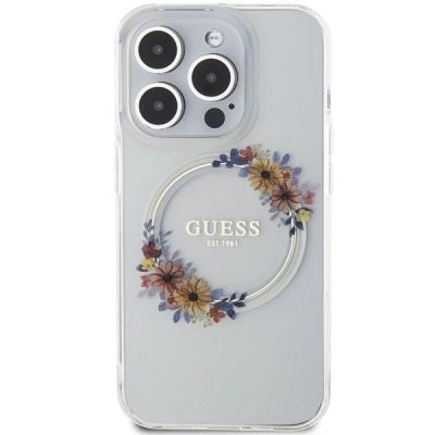 3. Etui Guess IML Flowers Wreatch MagSafe na iPhone 15 Pro - przezroczyste