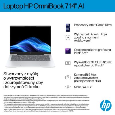 HP OmniBook 7 AI 14-fr0221nw Ultra 5 225U 14"2K 300nits AG 16GB LPDDR5-5200 SSD512 Intel Graphics Cam 5 Mpx IR 68Wh Win11 Glacial Silver 2Y