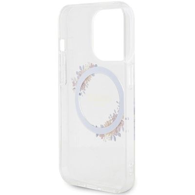 7. Etui Guess IML Flowers Wreatch MagSafe na iPhone 15 Pro - przezroczyste