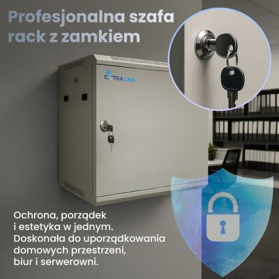 2. Extralink Szafa rack 9U 600x450 ASP Szara montowana na ścianie, drzwi blaszane pełne