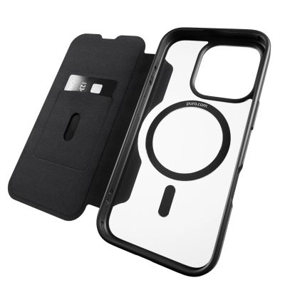 10. Etui skórzane Puro Book Mag MagSafe z klapką i schowkiem na karty do iPhone 16 Pro - czarne