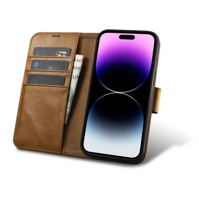 2. iCarer Oil Wax Wallet Case 2in1 etui iPhone 14 Pro skórzany pokrowiec z klapką Anti-RFID brązowy (WMI14220722-TN)