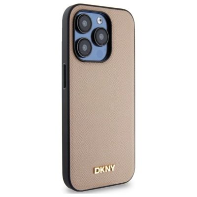 4. Etui DKNY Grained Metal Logo MagSafe na iPhone 15 Pro Max - beżowe