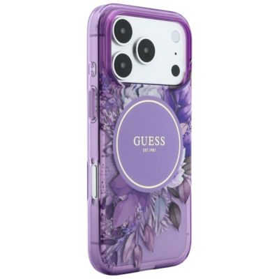 3. Etui Guess IML Flowers Pearl Strap MagSafe na iPhone 18 Pro Max / 17 Pro Max - fioletowe