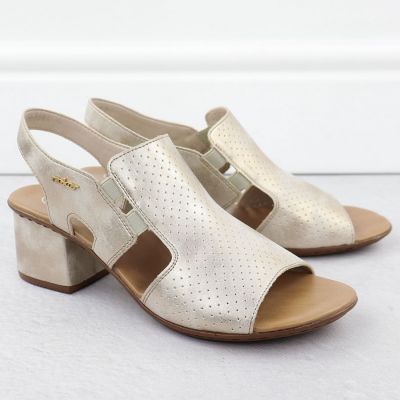 2. Sandały damskie na obcasie wsuwane złote Rieker 64665-60