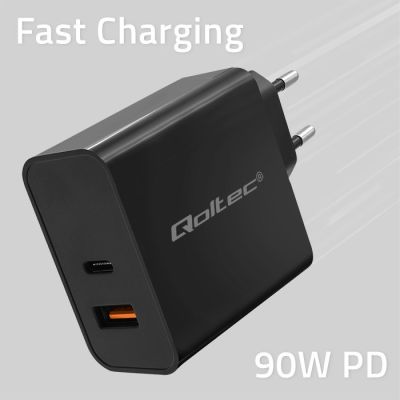 4. QOLTEC ŁADOWARKA SUPER QUICK PD | 1XUSB-C | 1XUSB | 90W | 5-20V | 2.4-4.35A | CZARNA