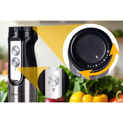 5. ELDOM BLENDER WIELOFUNKCYJNY BL250 VEXI 800W CZARNO-SREBRNY METALOWA KOŃCÓWKA DO ROZDRABNIANIA, POJEMNIK Z NOŻEM SIEKAJĄCYM O