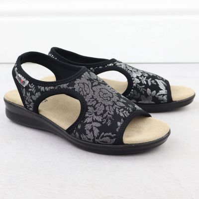 2. Sandały damskie na podwyższeniu elastyczne w kwiaty czarne Unisoft 7196