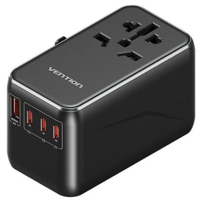 2. Uniwersalny adapter podróżny z ładowarką Vention 100W GaN 1x USB-A 3x USB-C czarny