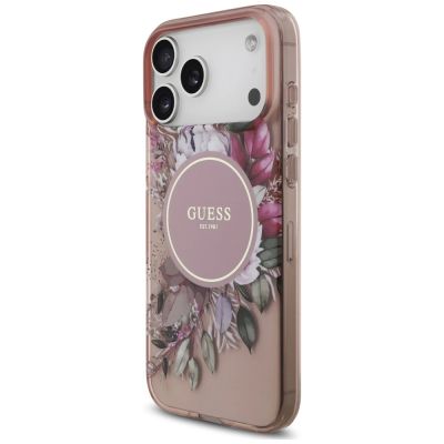 3. Etui Guess IML Flowers Pearl Strap MagSafe na iPhone 18 Pro / 17 Pro - różowe