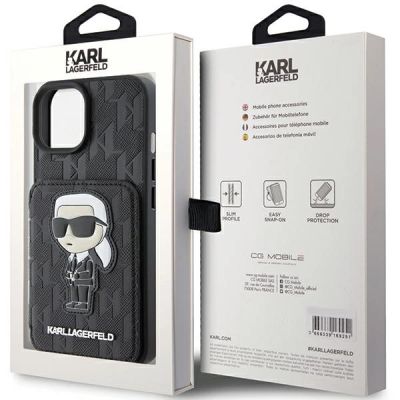 9. Etui Karl Lagerfeld Saffiano Cardslots and Stand Monogram Ikonik Patch do iPhone 15 - czarne