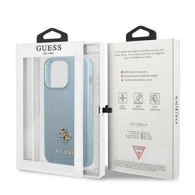 8. Etui Guess Saffiano 4G Small Metal Logo na iPhone 13 Pro / 13 - niebieskie