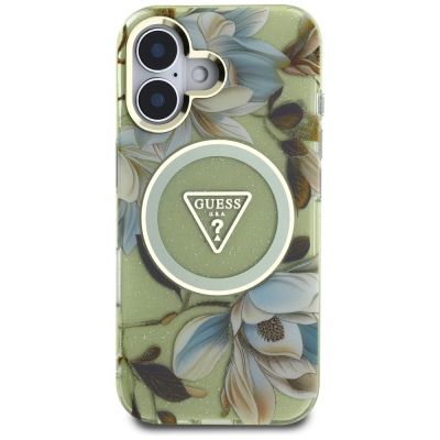 3. Etui Guess Glitter Flowers Triangle Buttons MagSafe do iPhone 16 zielony