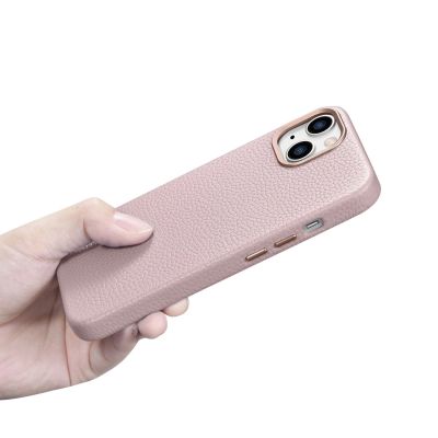 21. iCarer Litchi Premium Leather Case skórzane etui iPhone 14 Plus magnetyczne z MagSafe różowy (WMI14220711-PK)