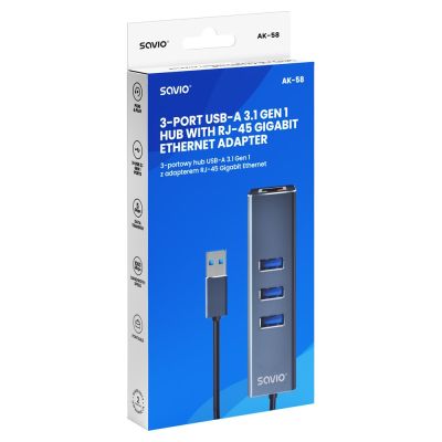 7. SAVIO AK-58 3-PORTOWY HUB USB-A Z ADAPTEREM RJ-45