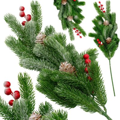 13. GAŁĄZKA DEKORACYJNA SOSNOWA Z JARZĘBINĄ I SZYSZKAMI 60CM
