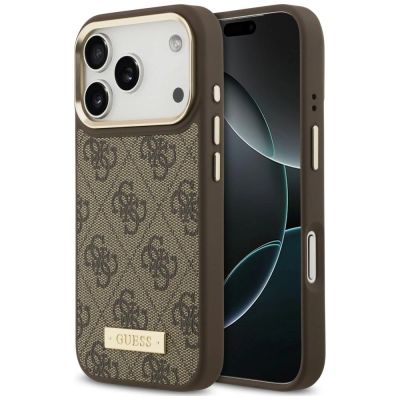 Etui Guess 4G Logo Plate MagSafe naiPhone 18 Pro / 17 Pro - brązowe