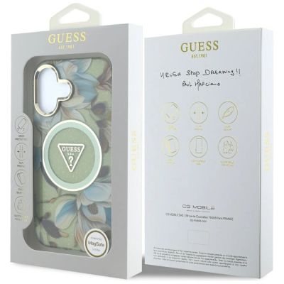8. Etui Guess Glitter Flowers Triangle Buttons MagSafe do iPhone 16 zielony