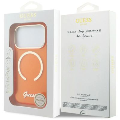 8. Etui Guess IML Script Metal MagSafe na iPhone 17 Pro - pomarańczowe