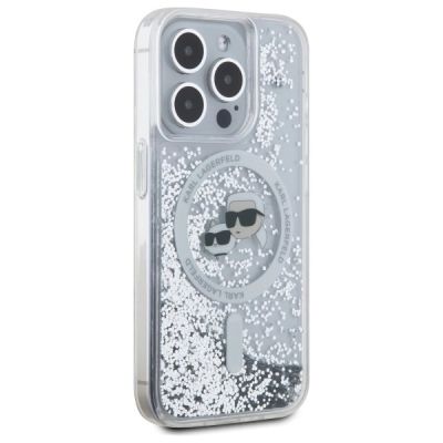 4. Etui Karl Lagerfeld Liquid Glitter Karl & Choupette Head Magsafe na iPhone 15 Pro -przezroczyste