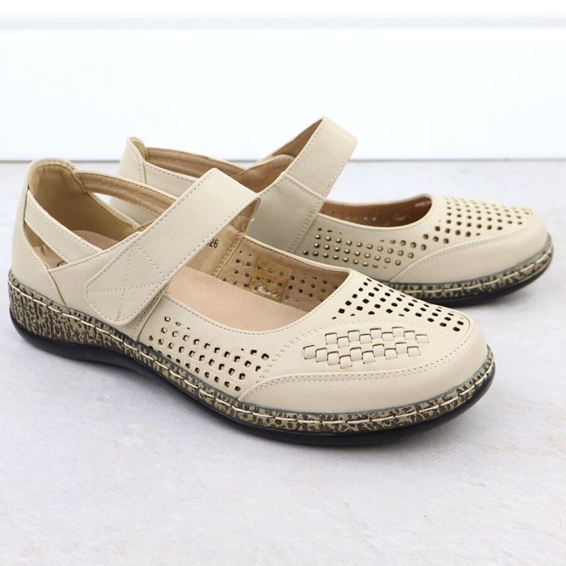 3. Półbuty damskie na rzep ażurowe beżowe Unisoft 7026