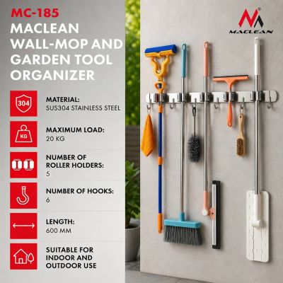 4. MACLEAN ŚCIENNY ORGANIZER NA NARZĘDZIA OGRODOWE ORAZ MOPY, STALOWY, Z HACZYKAMI, MAX. OBCIĄŻENIE 20KG, SZEROKOŚĆ 60CM MC-185