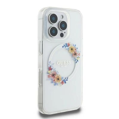 4. Etui Guess IML Flowers Wreath MagSafe na iPhone 16 Pro - przezroczyste