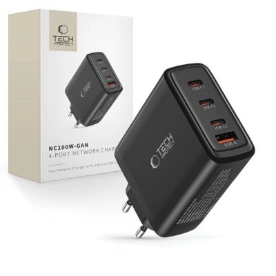 Ładowarka Tech-Protect NC100W-GAN sieciowa GaN 3x USB-C PD 100W / USB-A QC 3.0 - czarna