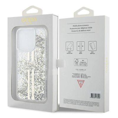 8. Etui Guess Liquid Glitter Gold Stripes na iPhone 15 Pro Max - przezroczyste