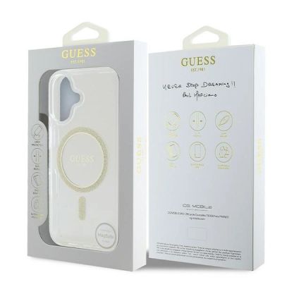 8. Etui Guess IML Glitter Circle MagSafe na iPhone 16 - przezroczyste