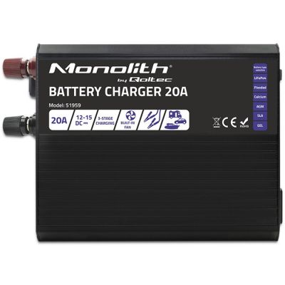 13. Qoltec Inteligentna ładowarka Monolith do akumulatorów LiFePO4 AGM GEL SLA, 20A, 12V