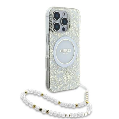 3. Etui Guess IML Flowers Allover Electro With Pearl Strap MagSafe na iPhone 16 Pro - białe