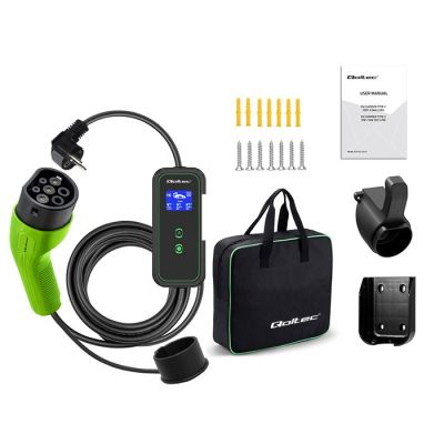6. Qoltec 52476 Mobilna ładowarka do samochodu elektrycznego EV z regulacją 2w1 Typ2 | 3.5kW | 230V | Wi-fi | LCD | Przenośna | Wallbox | 5m