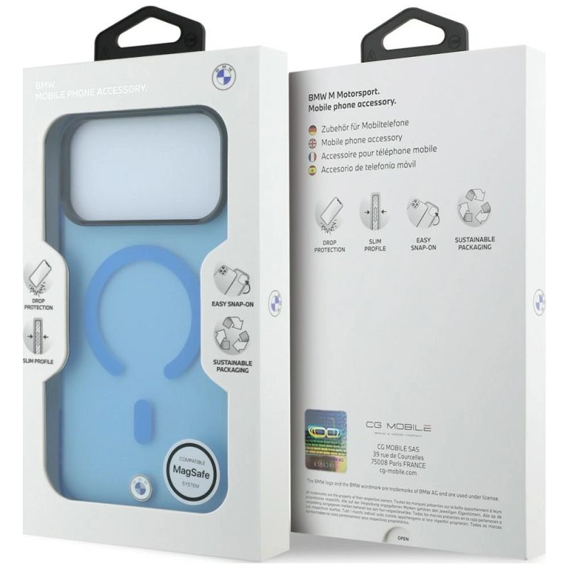 8. Etui BMW Sign Frosted IML & Metal Logo MagSafe na iPhone 18 Pro Max / 17 Pro Max - niebieskie