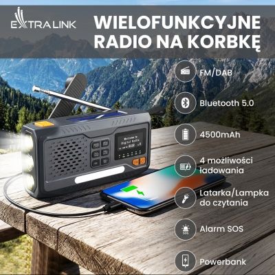4. Extralink RADIO AWARYJNE BLUETOOTH SOLARNE Z KORBKA DYNAMO POWERBANK 4000MAH Z LATARKA SOS BT-4000 Przenośny Analogowe i cyfrowe Czarny, Pomarańczowy
