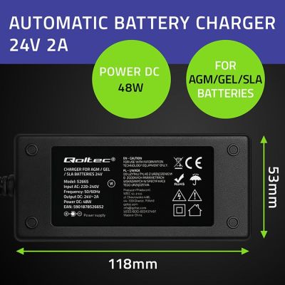 4. QOLTEC ŁADOWARKA DO AKUMULATORA AGM GEL STD | PROSTOWNIK 24V 2A 48W | LED